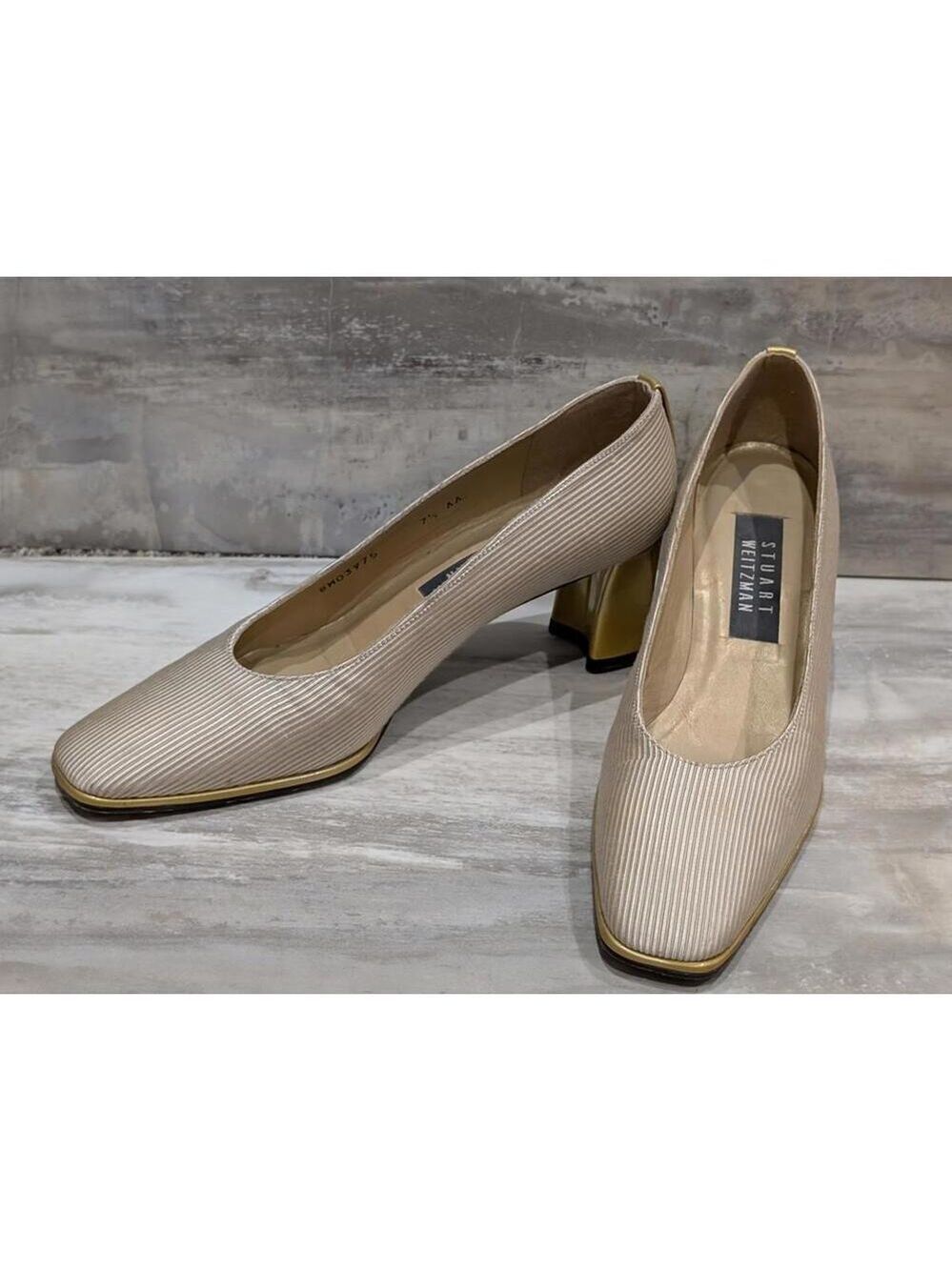 Stuart Weitzman Women's Beige Pumps with Gold Block Heels